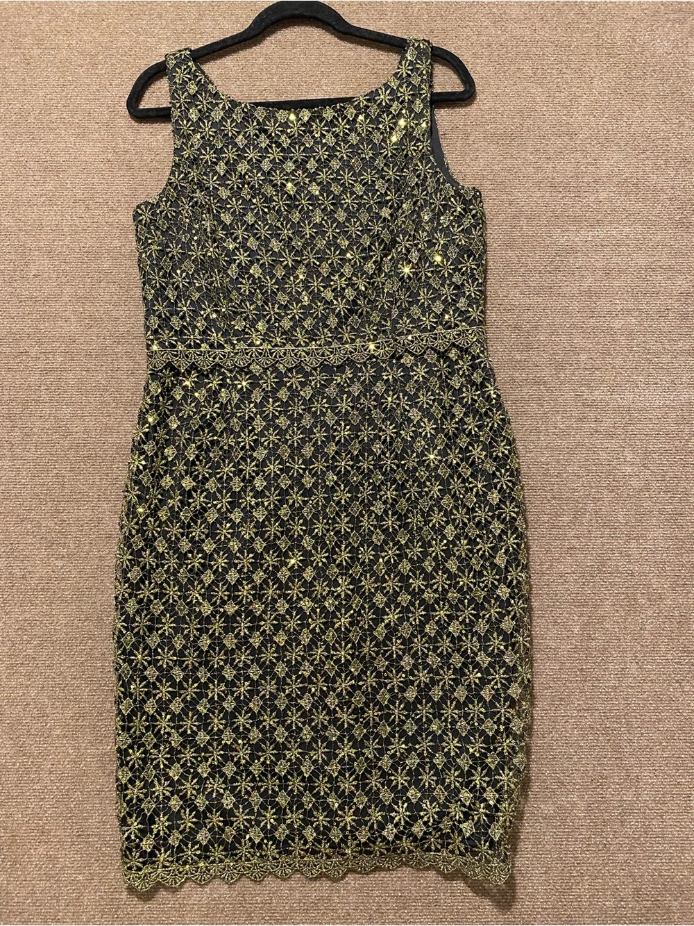 Alex Evenings Metallic Gold Sequin Lace Sheath Cocktail Dress Size 12 Formal